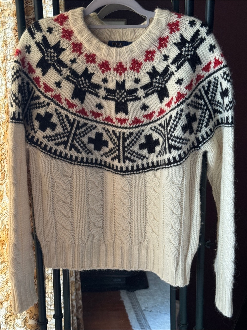 Polo by Ralph Lauren Fair Isle Cable-Knit Crew Sweater - Cream, Black & Red
